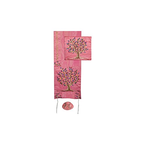 Yair Emanuel Tree of Life Design Embroidered Raw Silk Pink Tallit Set