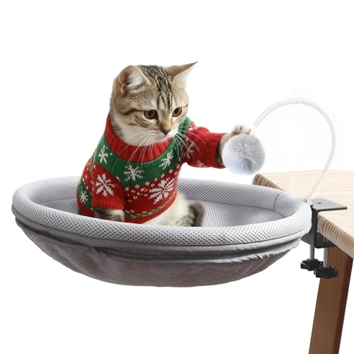 RASSR Cat Desk Bed with Teaser Wand, Under Desk Cats Bed Platform with Sturdy Clamp, Space-Saving Cat Perch Mounts Underneath Desk for Large Cats,For Gift,Present(grey)