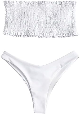 ZAFUL Women's Strapless Striped Frilled Smocked Two Piece Bandeau Bikini Set