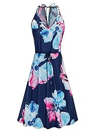 ULTRANICE - Vestido de verano para mujer, con cuello halter, floral, casual
