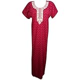 Mogul Interior Womens Maxi Dress Caftan Neck Embroidered Cotton Boho Summer Kaftan Nightgown L