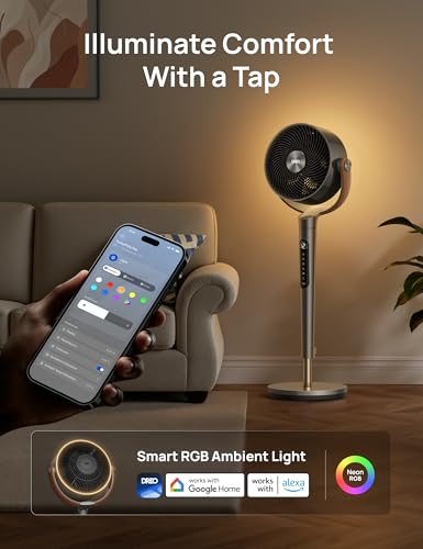 DREO Smart Fan For Bedroom, Standing Fans for Home, 120°+150° Oscillating Pedestal Fan Wi-Fi/Voice Control, 100ft 20db Quiet Circulator RGB Fan, DC Motor, 6 Modes, 12 Speeds, 37-42'' Adjustable Height