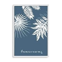 Framed Canvas Wall Art - White Leaf on Grayish-Blue Background - Canvas Prints Home Artwork Decoration for Living Room,Bedroom - 16x24 inches