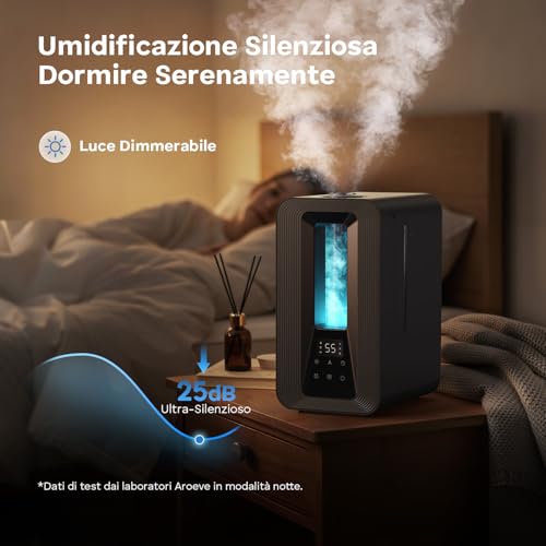 5L Umidificatore Ambiente, Nebbia Fresca Ricarica Dall'Alto Umidificatore Ultrasonico con Diffusore Aromi, Igrostato Smart, Luce Ambientale, 50h/25dB Silenzioso per Casa ufficio Bambini Piante