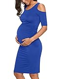 Kalayo Women's Cold Shoulder Bodycon Maternity Dress Half Sleeve Fitted Ruched Sides Casual Pregnancy Clothes, Blue, Small
