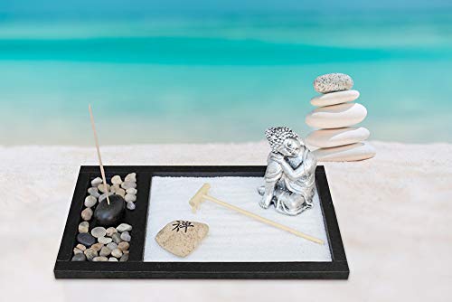 Royal Brands Zen Garden Deluxe Desk Meditation Garden - Buddha Statue, Rake-Sand-Rocks & Incense Holder with Incense - Peace & Tranquility