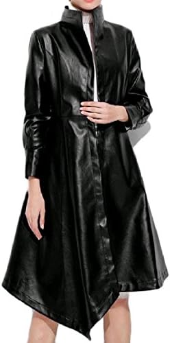 QueenHandsWomen QueenHands Women Bandage Faux Leather Solid Trench Coat Biker Jacket Black L