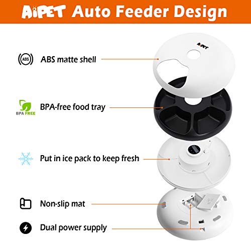AIPET Automatic Pet Feeder for Dogs and Cats, 6 Meals Programmable