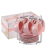 Eglaf Ceramic Coffee Tea Cup Set - 6 OZ Porcelain Embossed Tea Cup with Saucers Spoons Bracket - Set of 6 (Pink)