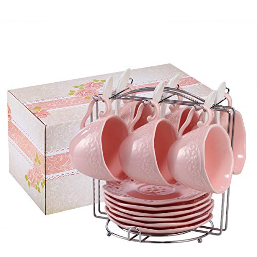 Eglaf Coffee Tea Cup Set Embossed Ceramic (Bone china) and Porcelain Saucers Spoon Bracket 6 - Piece Set (Pink)