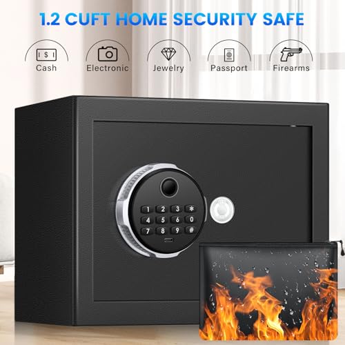 1.25 Cu Ft Fingerprint Safe for Home, Biometric Home Safe Box with Digital Keypad & Backup Keys, Large Steel Security Safe with Alarm System, Removable Shelf & LED Light for Cash Jewelry Documents