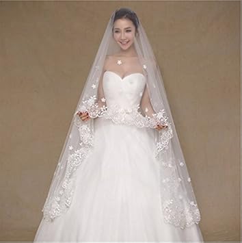 Aukmla 1 Tier Wedding Veil With Lace Edge Cathedral Length Cute