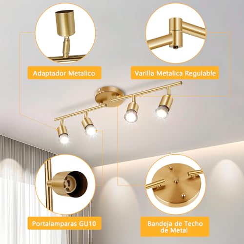 JSXing Kit de iluminación de riel, iluminación puntual de techo de 4 vías negra, cabezal de luz giratorio flexible, luz de riel (bombilla no incluida) (Dorado, 4 luz)