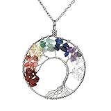 APURSUE Tree Of Life Pendant Necklace with 2 Chains + 2 Waxed Cotton Cord, Nature Stone Handmade Amethyst Crystal Necklace Gemstone Chakra Jewelry Women Valentine's Day Mothers Day Gift Women Girls