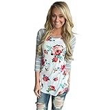 YANG-YI Women Casual Floral Splice Stripe Printing O-Neck Pullover Blouse Tops T-Shirt