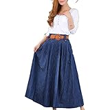 Krralinlin Women Sweet Pleated A Line Long Denim Skirt