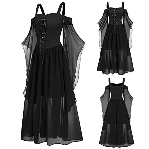 【US Stock】YLLQXI Womens Goth Dress Plus Size Cold Shoulder Tie Front Lace Sleeve Halloween Dresses Fashion Lace up Vintage Gothic Dresses