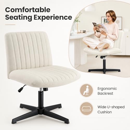 Cross Legged Armless Office Chair, Wide Seat Swivel Desk Chair with Adjustable Height, Rocking Function, Padded Beige Vanity Chair for Home Office, Bedroom, Study Room