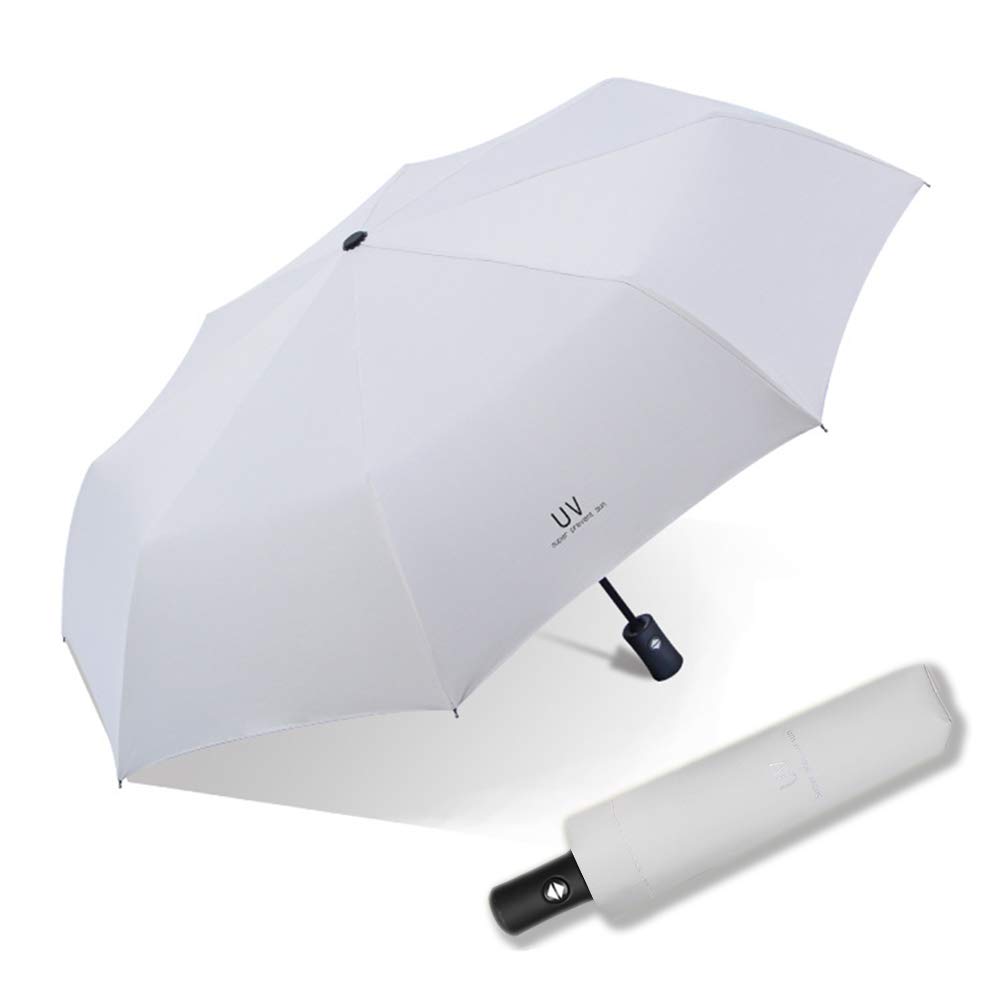 Maibar Sun Umbrella UV Protection SPF 50 Travel Folding Automatic Mini Umbrellas for Women Handbag Size Travel Parasol (Silver White)