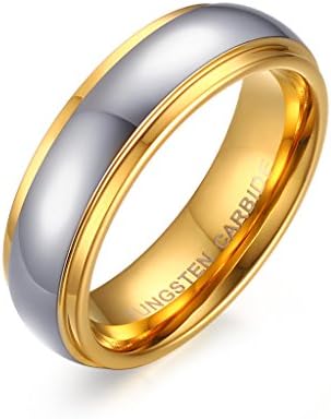 His Her Two-tone Gold Plated Domed Couples Wedding Engagement Ring, Tungsten Carbide Bands, 6mm, size 8