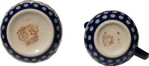 Polish Pottery Sugar Bowl and Creamer From Zaklady Ceramiczne Boleslawiec #694/711-166a Floral Peacock Classic Pattern, Sugar Bowl: Height: 3.7" Creamer: Height: 3.4" - Thumbnail 2