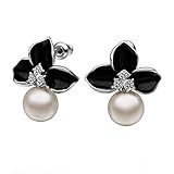 10mm Simulated Pearl Stud Earrings with Zircon Rhinestone Black Flower for Women