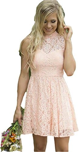 EnjoyDress Women's Modest Country Western Lace Peach Short Lace Bridesmaid Dresses 10