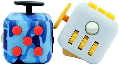 Fidget Cube Set for Fidgeters! Fidget Click Cube Toys Relief Stress, Anxiety, and Boredom for Child and Adult with White Cases - One Camo Blue Plus One Yellow White
