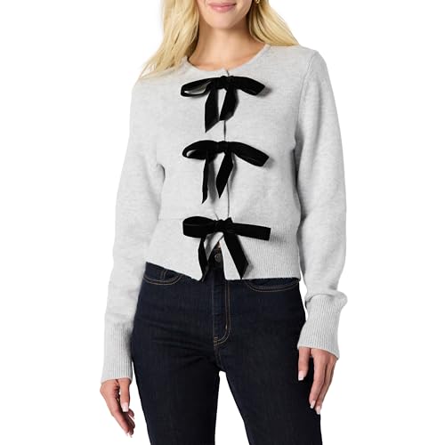 Amazon Essentials Women's Regular-Fit Long-Sleeve Tie Front Cardigan with Bows, Blouson Sleeve, Rib Cuff, Light Grey Heather, XX-Large at Amazon