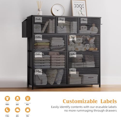 PURFINO Fabric Chest of Drawers - Dresser Canvas Organizer with 9 Large Drawers, Label Cards, Side Pocket and Hook, for Living Room, Hallway, Bedroom