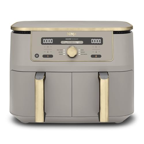 Ninja Dual Zone Digital Air Fryer, 2 Schubladen, 6-in-1, Heißluftfritteuse, 9,5L, Heißluft-Frittieren, Max Crisp, Rösten, Backen, Aufwärmen, Spülmaschinenfeste Körbe, Stone/Gold DZ400EUSTGD