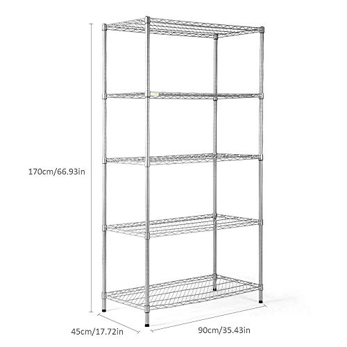 5-Tier Wire Shelving Unit, Adjustable Steel Storage Shelves 35.4" D x 17.7" W x 66.9" H, Commercial Storage Organisation Rack Heavy Duty Steel Shelving for Kitchen Bedroom Bathroom Office Garage - Thumbnail 3