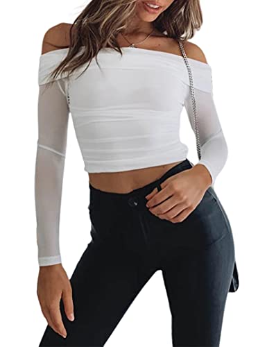 REMIDOO WOMEN’S SEXY LONG SLEEVE OFF SHOULDER MESH...