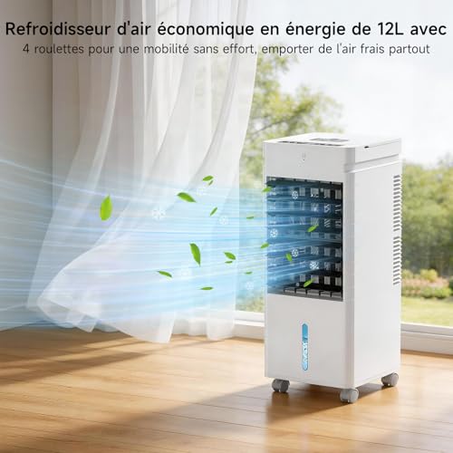 Climatiseur Mobile, Rafraichisseur d'air avec Réservoir de 12L, 8 Cristaux de Glace, 3 Modes, 12 Vitesses, Oscillation, Minuterie, Télécommand,Ventilateur Rafraîchissant pour Maison, Bureau