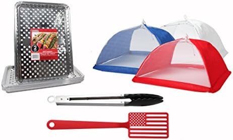 BBQ Accessories Grill & Picnic Bundle -12+ pieces - Aluminum Foil Grill Toppers American Flag Spatula - Patriotic Pop-Up Food Tents and Steel Tongs