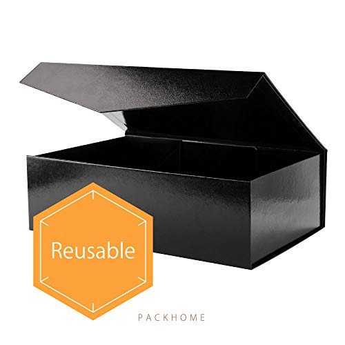 PACKHOME Large Gift Box Rectangular 14x9.5x4.5 Inches, Bridesmaid Proposal Box, Sturdy Storage Box, Collapsible Gift Box with Magnetic Closure (Glossy Black with Embossing, 1 Box) - Thumbnail 3