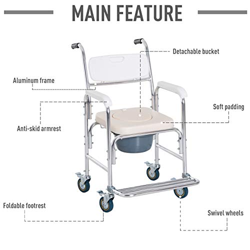 3 in 1 Shower Commode Wheelchair, Transport Beside Commode Chair