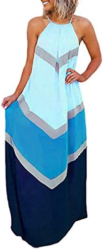 Women Summer Halter Bohemian Style Colorblock Long Maxi Dress Beach Casual Daily Dresses