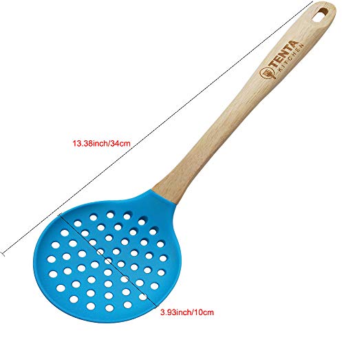 Tenta Kitchen Silicone Slotted Skimmer Slotted Spoon Slotted Ladles Blue with Good Grips Ergonomics Light Wooden Handle, Heat Resistant Cooking Utensils for Kitchen Cooking Baking (Blue 1pc)