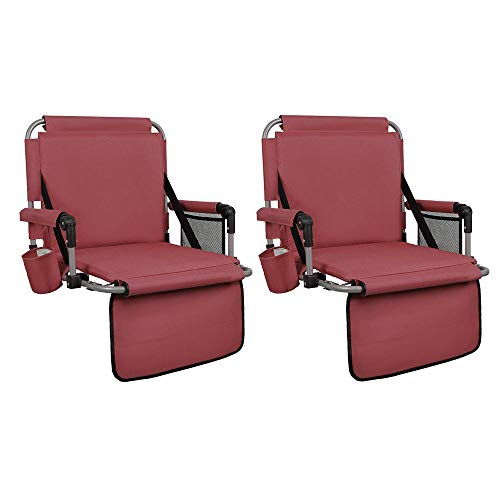 CAMPING WORLD Portable Folding Stadium Seat Cushion Chairs 2 Pack for Bleachers with Back, Arm (RED)