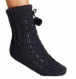 Womens Cozy Shepra Lined Cable Knit Sweater Slipper Sock w/ Pom Pom (One Sz Fits All)