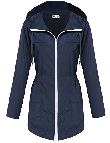 HOTOUCH Ladies Rain Mac Parka Fishtail Raincoat Hooded Jacket Coat(Navy Blue,L)