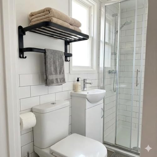 Toalheiro Duplo com Prateleira de Aço para Banheiro Porta Toalha de Parede | Suporte para Toalhas de Luxo Moderno, Resistente à Umidade | Instalação Parafusada ou Adesiva | Preto/Cinza Escuro