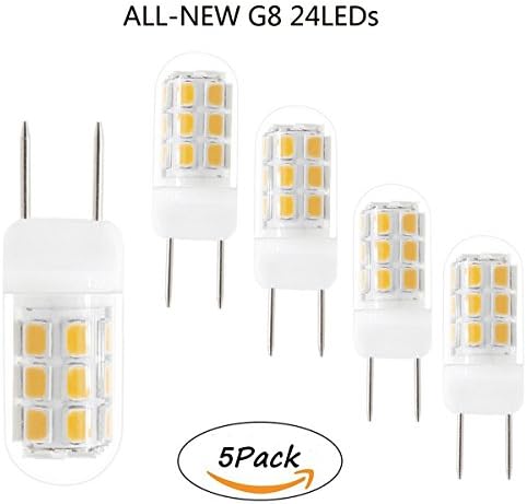 All-New G8 LED Bulb ,Dimmable 24X2835SMD, 3W Equivalent to 35W Halogen Lamp Replacement, G8 Mini Bi-Pin Base, Glass cover, non-friable,AC 120V ( Pack of 5) (3W, Warm White)