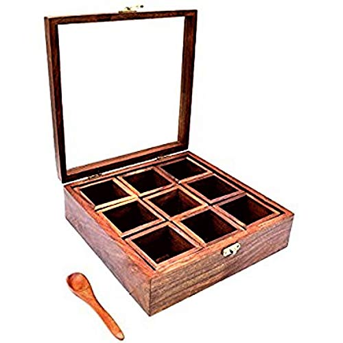 Purpledip Wooden Box: 9 Compartment Case with Transparent Cover - Ideal for Spices, Jewelry, or Trinkets (11500)