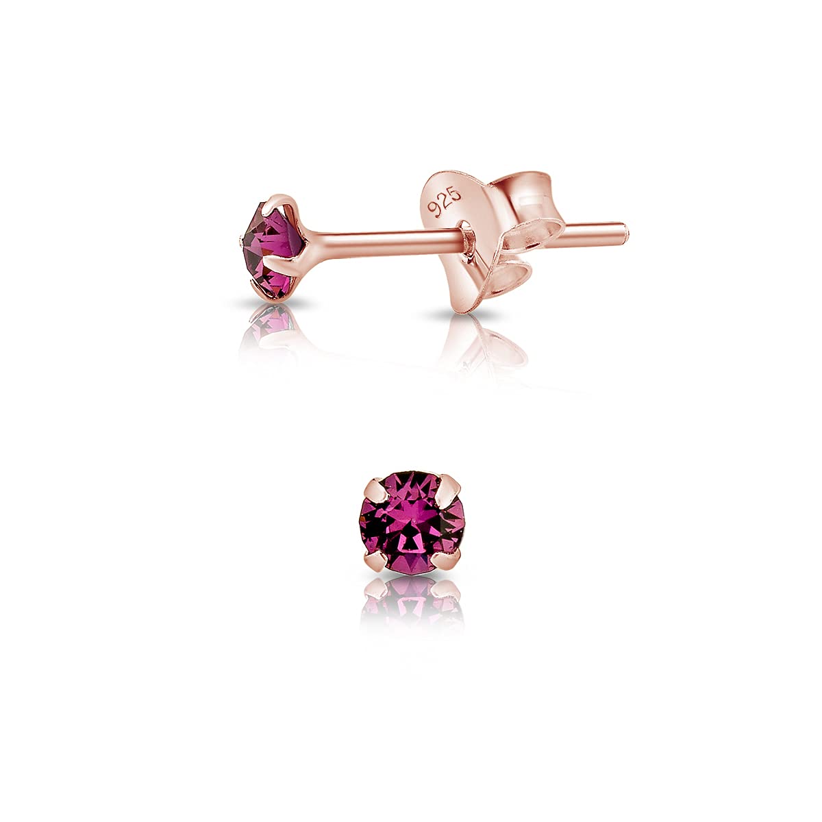Tiny Solitaire Stud Earrings 925 Sterling Silver Rose Gold Plated 18K - Gold Crystal Studs 3 mm - Minimalist Sparkle Stud Earrings with Amethyst Crystal