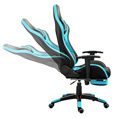 Samincom High Back Large Size PU Leather Gaming Chair Racing Style Chair Office Chair Executive and Ergonomic Style Swivel Chair with Extra Soft Headrest & Lumbar Cushion & Footrest (Black/Lake Blue) - Thumbnail 4