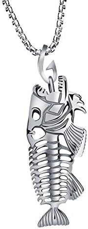 Mintik Men Fish Bone Pendant Stainless Steel Large Fish Skeleton Pendant Necklace, Free Chain