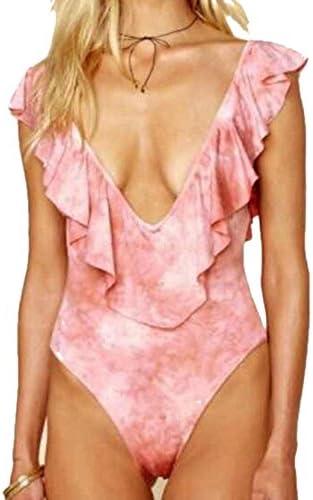 Tengweng Women Print Ruffle Deep V Neck One-Piece Swimsuit Monokini Backless Bikini L Pink