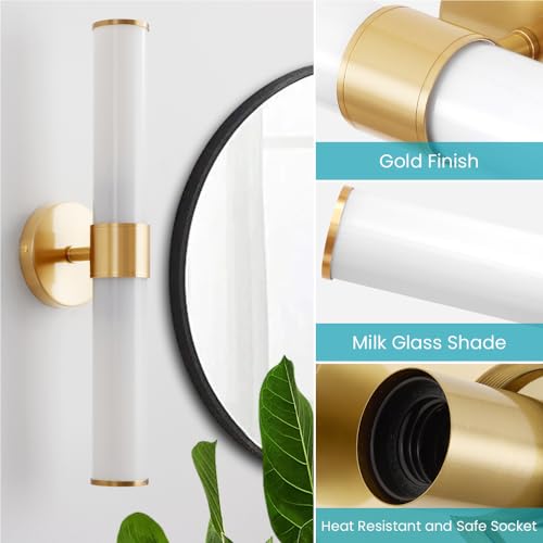 Vaziden Lámparas de baño doradas, luces de tocador para espejo con pantalla de vidrio lechoso, apliques de pared de 50.8 cm arriba y abajo para baño, dormitorio, sala de estar, pasillo - Bombilla no